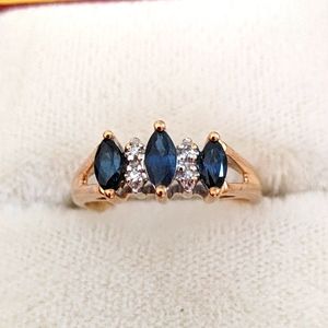 14K SOLID 💛 GOLD AND 3 MARQUIS CUT SAPPHIRE RING